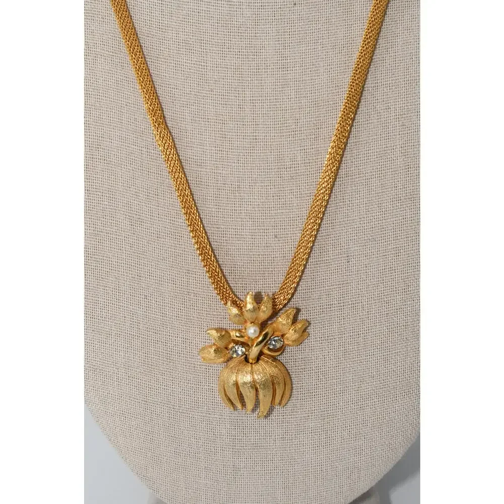 Vintage Gold Tone Floral Mesh Pendant Necklace Faux Pearl Rhinestones